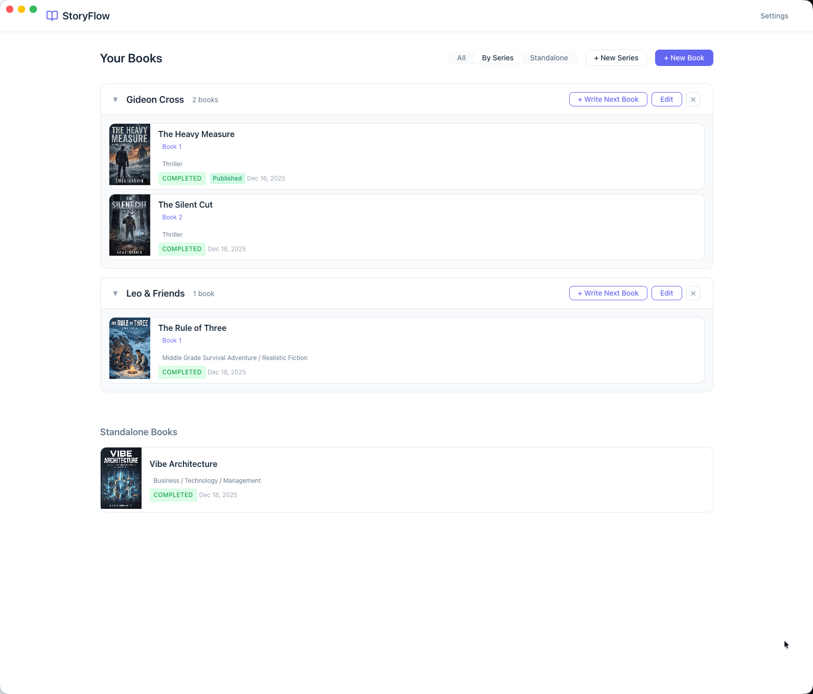 StoryFlow library view - manage your books and series