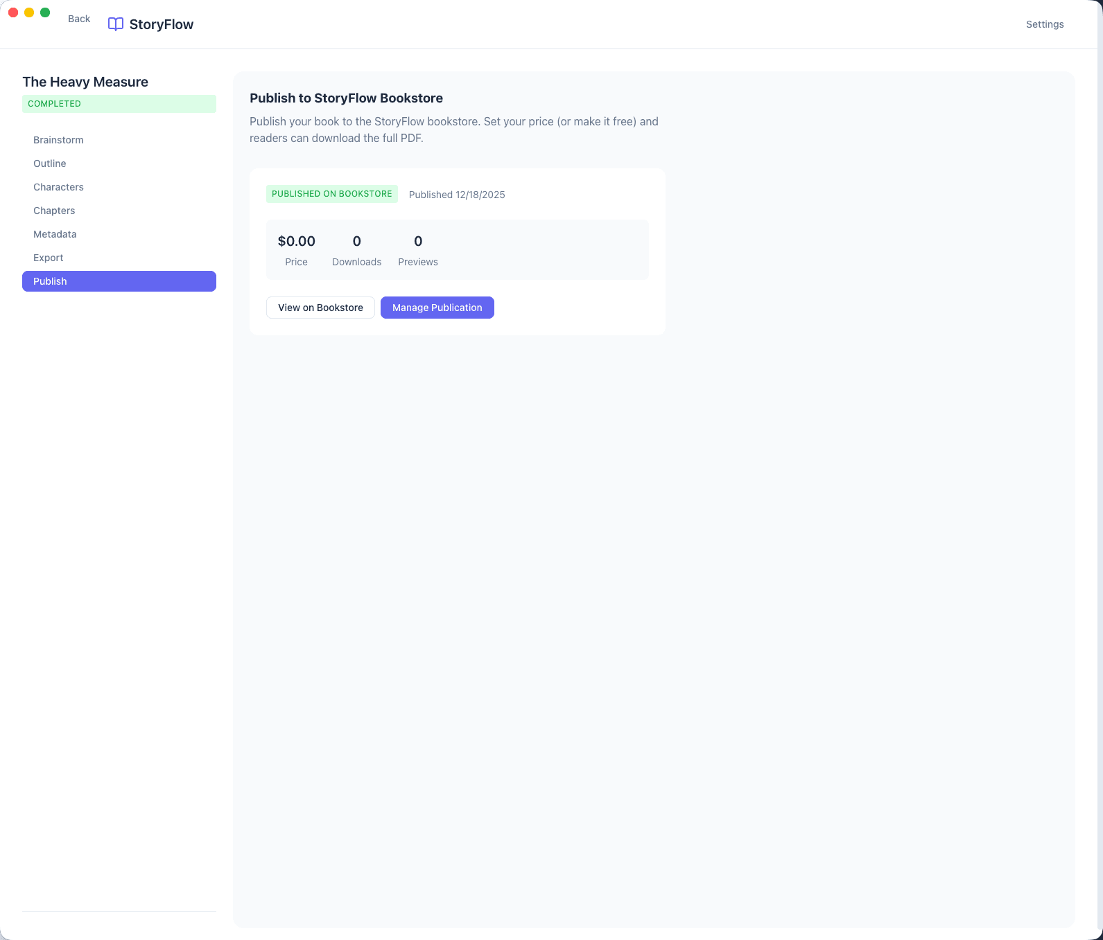 StoryFlow publish view - share your book on the bookstore