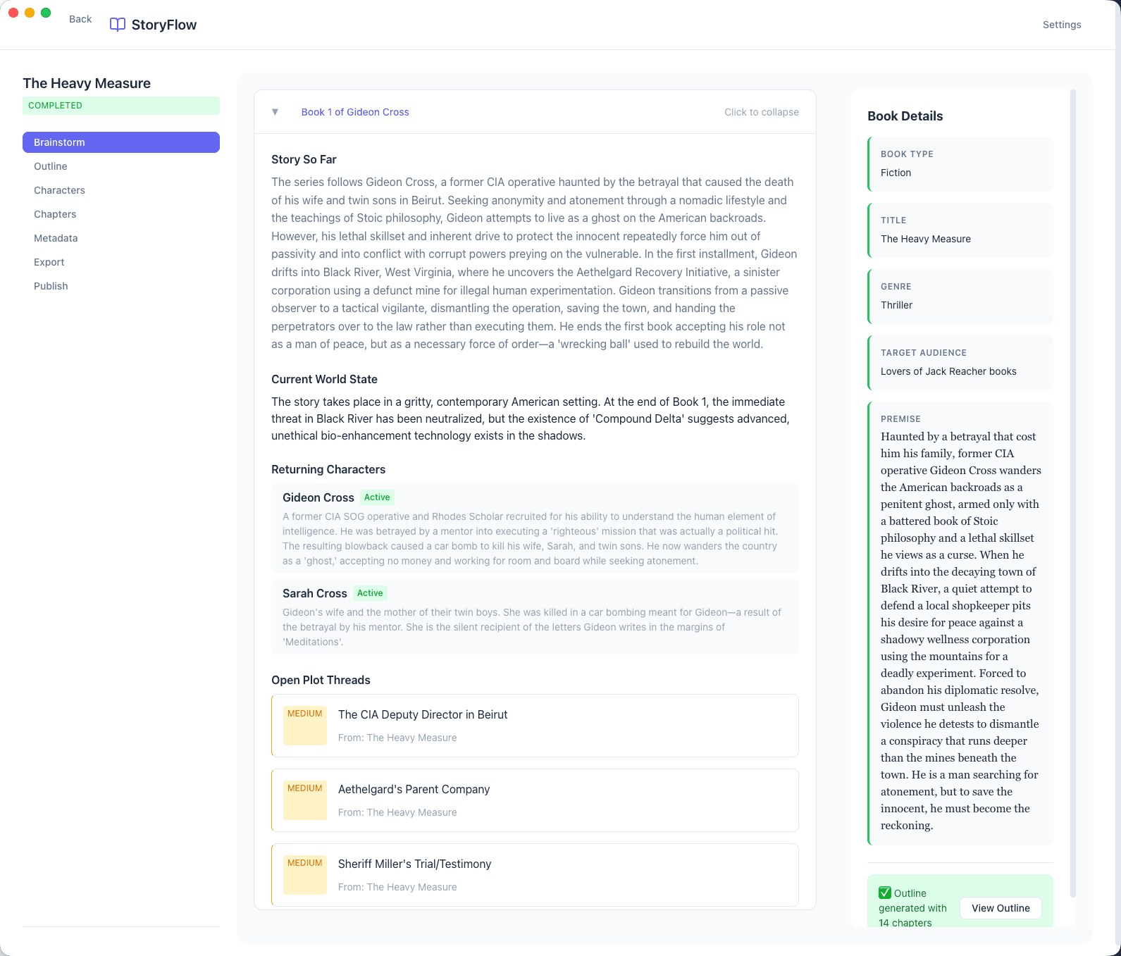 StoryFlow brainstorm view with characters and plot threads
