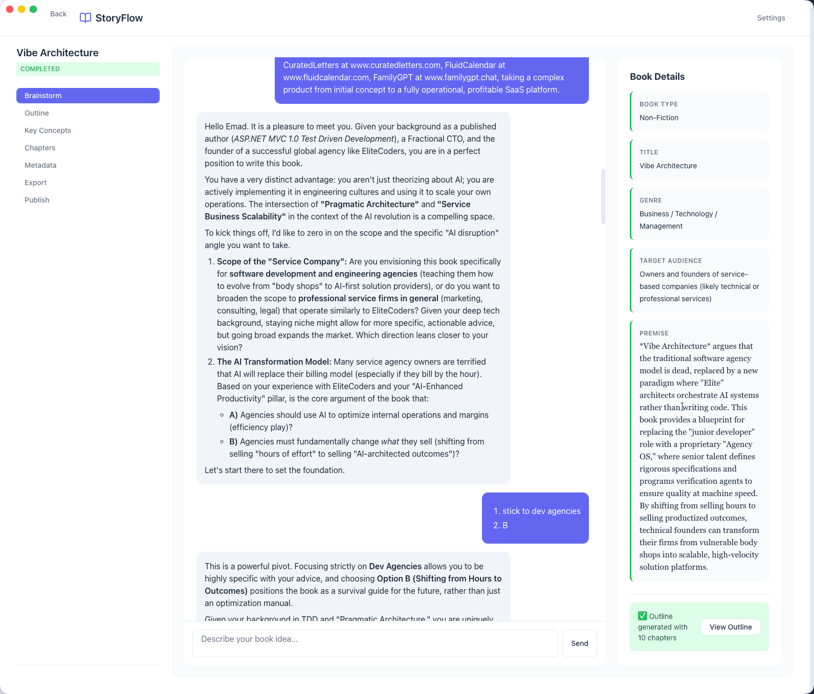StoryFlow AI brainstorming chat interface