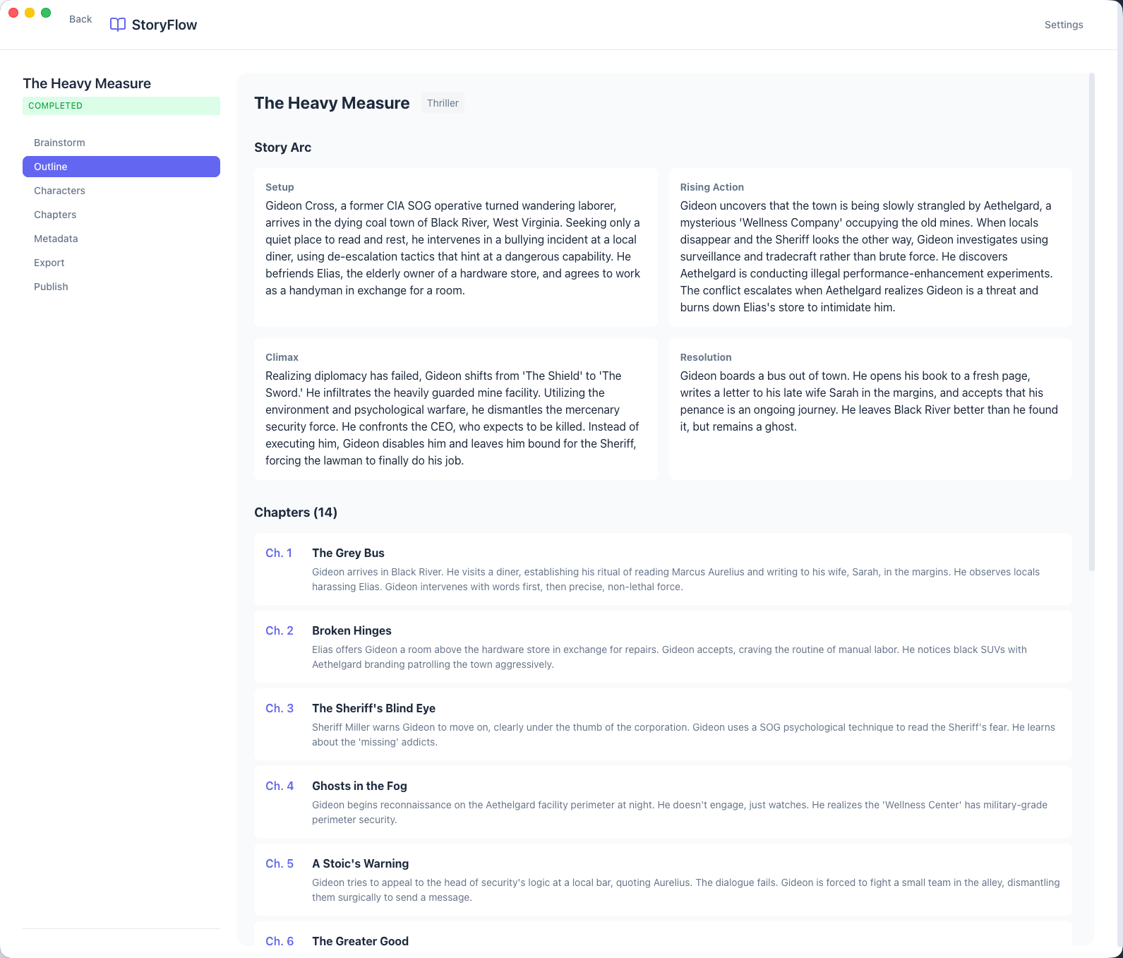 StoryFlow outline view with story arc and chapters