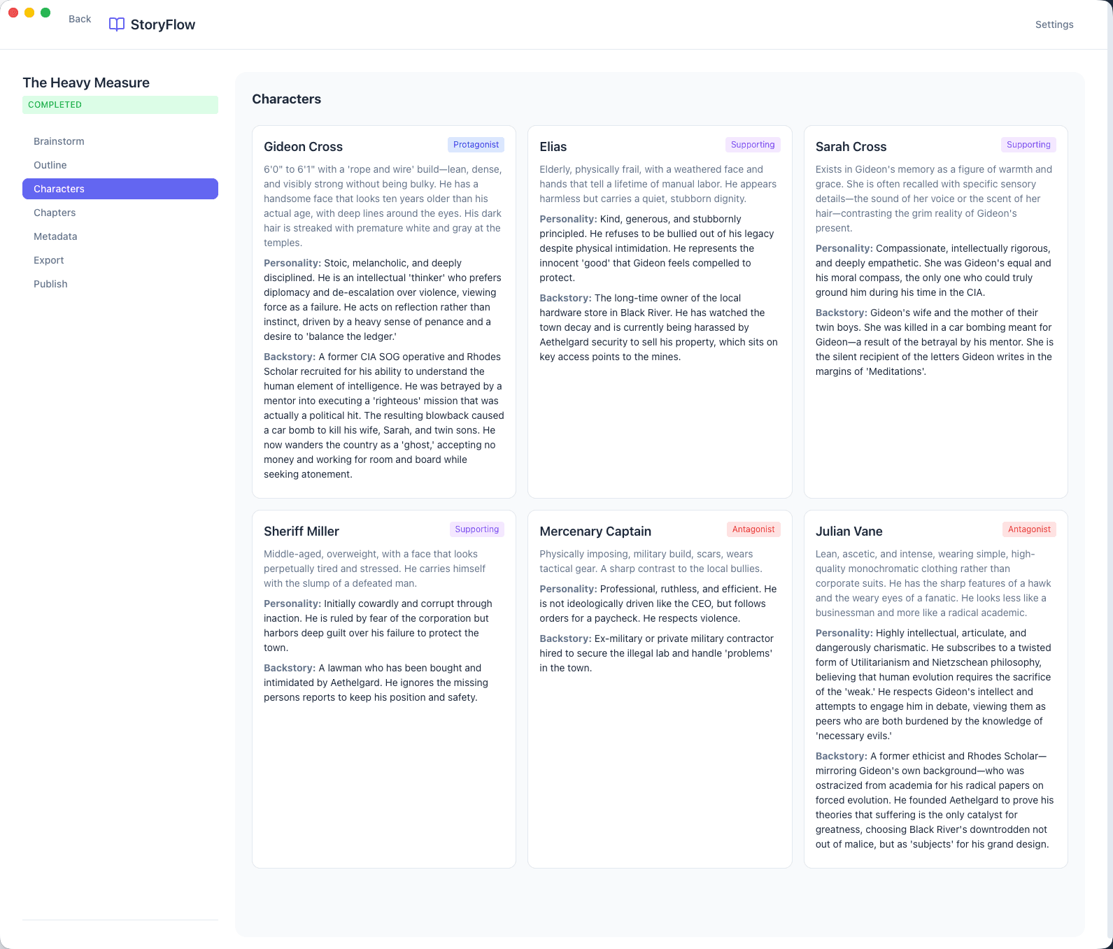 StoryFlow character profiles with detailed descriptions